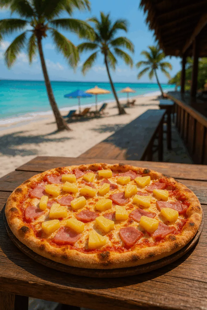 Pizza Hawaiana casera recién horneada con piña caramelizada y jamón sobre tabla de madera
