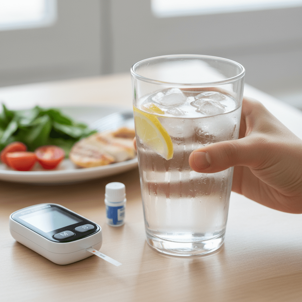 Un close-up de una mano sosteniendo un vaso de agua con hielo, junto a un medidor de glucosa en sangre sobre una mesa con restos de comida saludable.