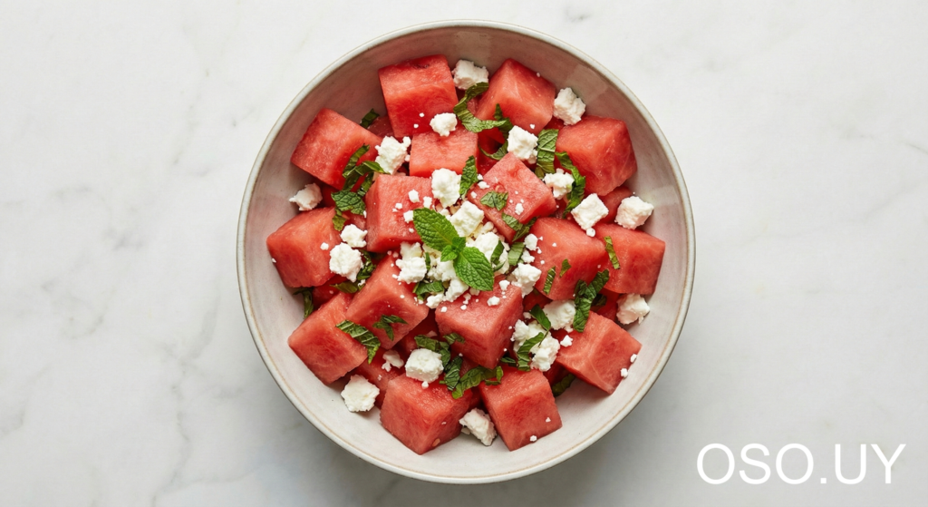 Ensalada de sandía con queso y nueces para control de glucosa.