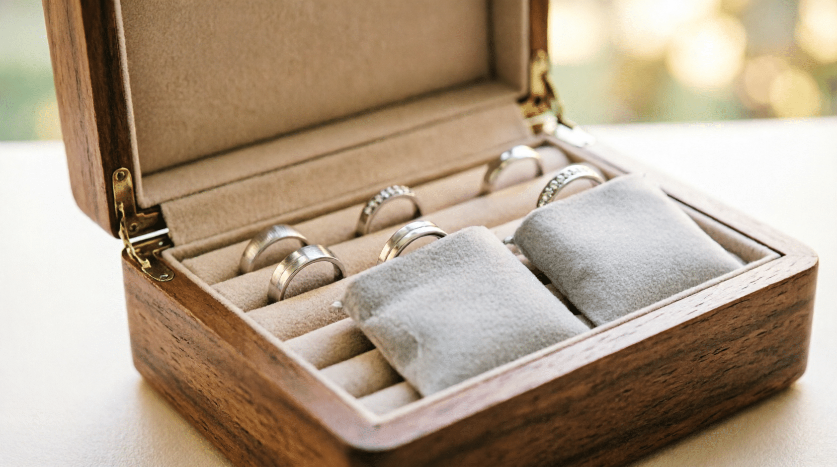 Almacenamiento correcto y seguro de anillos de plata Caja de joyería elegante con anillos de plata guardados en bolsas anti-deslustre individuales.