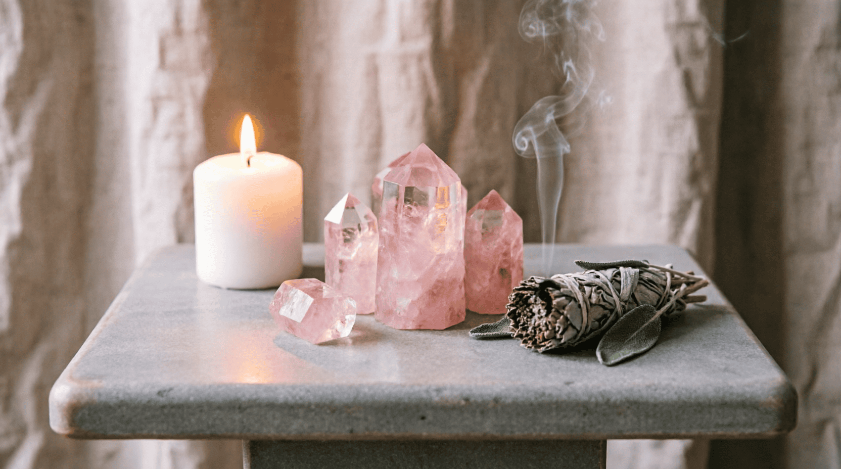 Altar de sanación con cuarzo rosa para armonizar el hogar Altar espiritual con cristales de cuarzo rosa, velas encendidas y salvia blanca, armonía en el hogar.