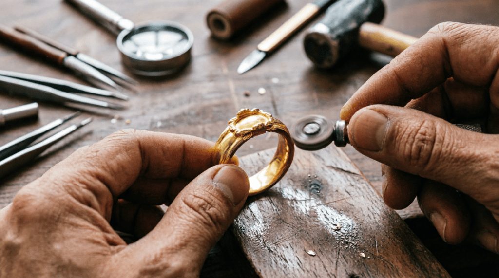 Manos de un maestro joyero puliendo y trabajando un anillo de oro en un taller artesanal de joyería.