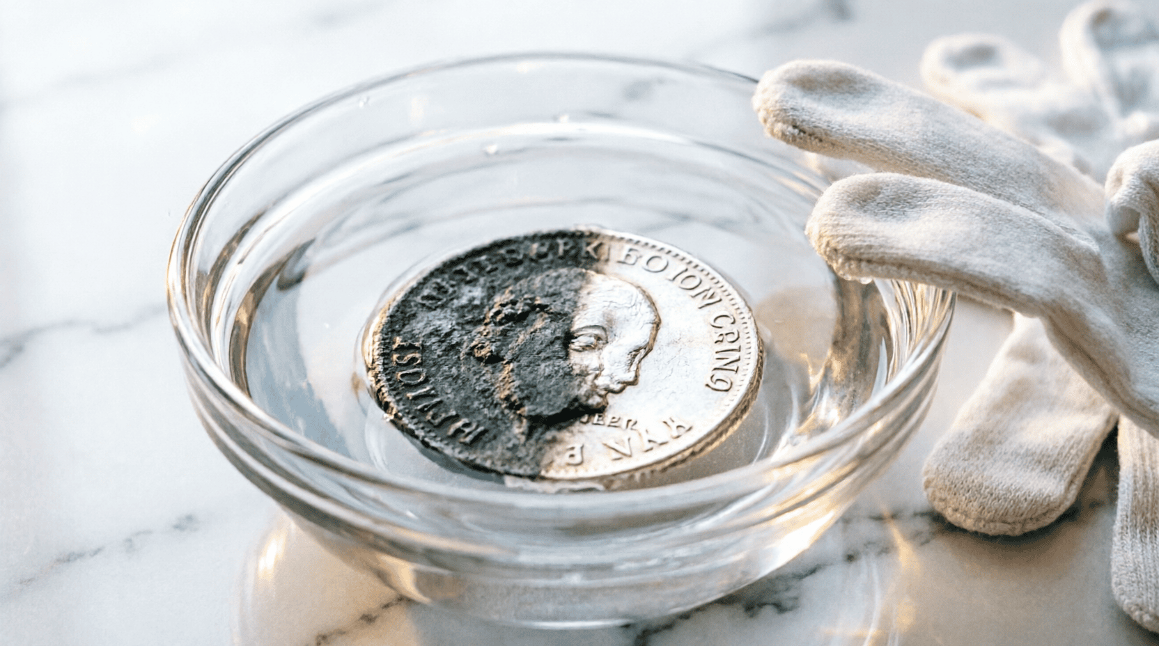Cómo limpiar monedas de plata con bicarbonato de sodio y agua caliente en un bol de vidrio, mostrando el contraste entre la plata oxidada y brillante.