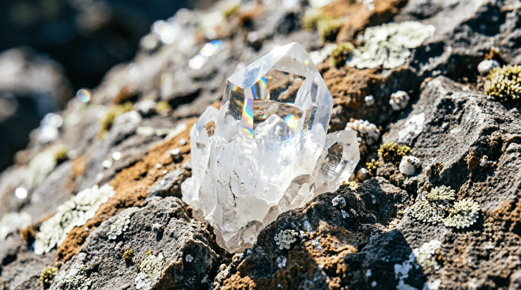 Formación natural de cristal de cuarzo en su matriz rocosa Cristal de cuarzo transparente en bruto emergiendo de una roca natural bajo la luz del sol, geología y naturaleza.