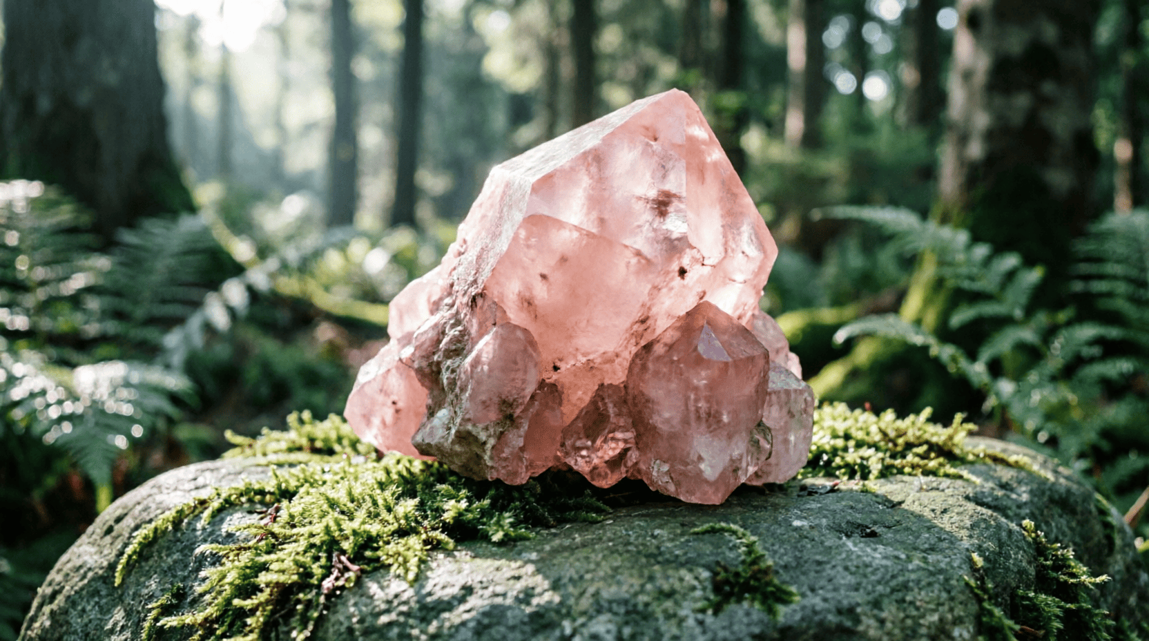 Cuarzo rosa natural en su entorno energético y místico Cristal de cuarzo rosa en bruto sobre una roca con musgo en un bosque místico, propiedades energéticas y naturaleza.