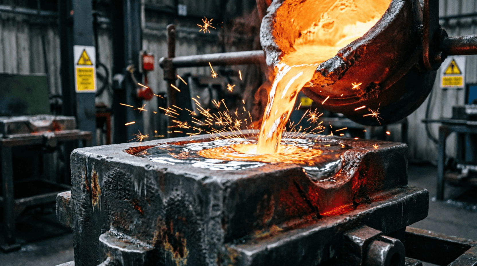 Proceso de fundición y refinado de la plata pura Metal de plata fundida siendo vertido en un molde durante el proceso de refinado y fundición en taller metalúrgico.