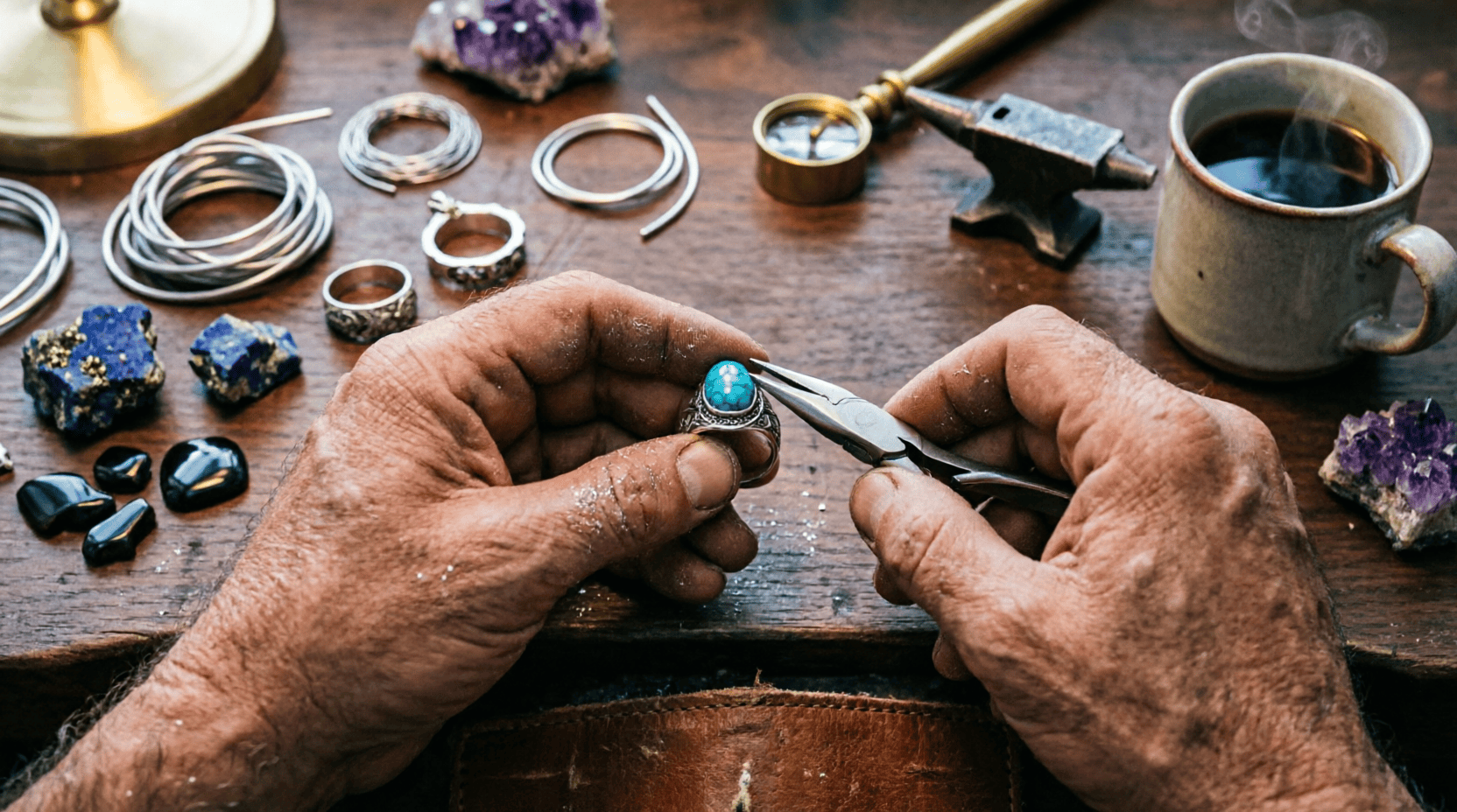 "Engaste manual de turquesa en plata - joyería artesanal única Oso" "Joyero artesano engarzando turquesa natural en anillo de plata - trabajo manual detallado joyería única"