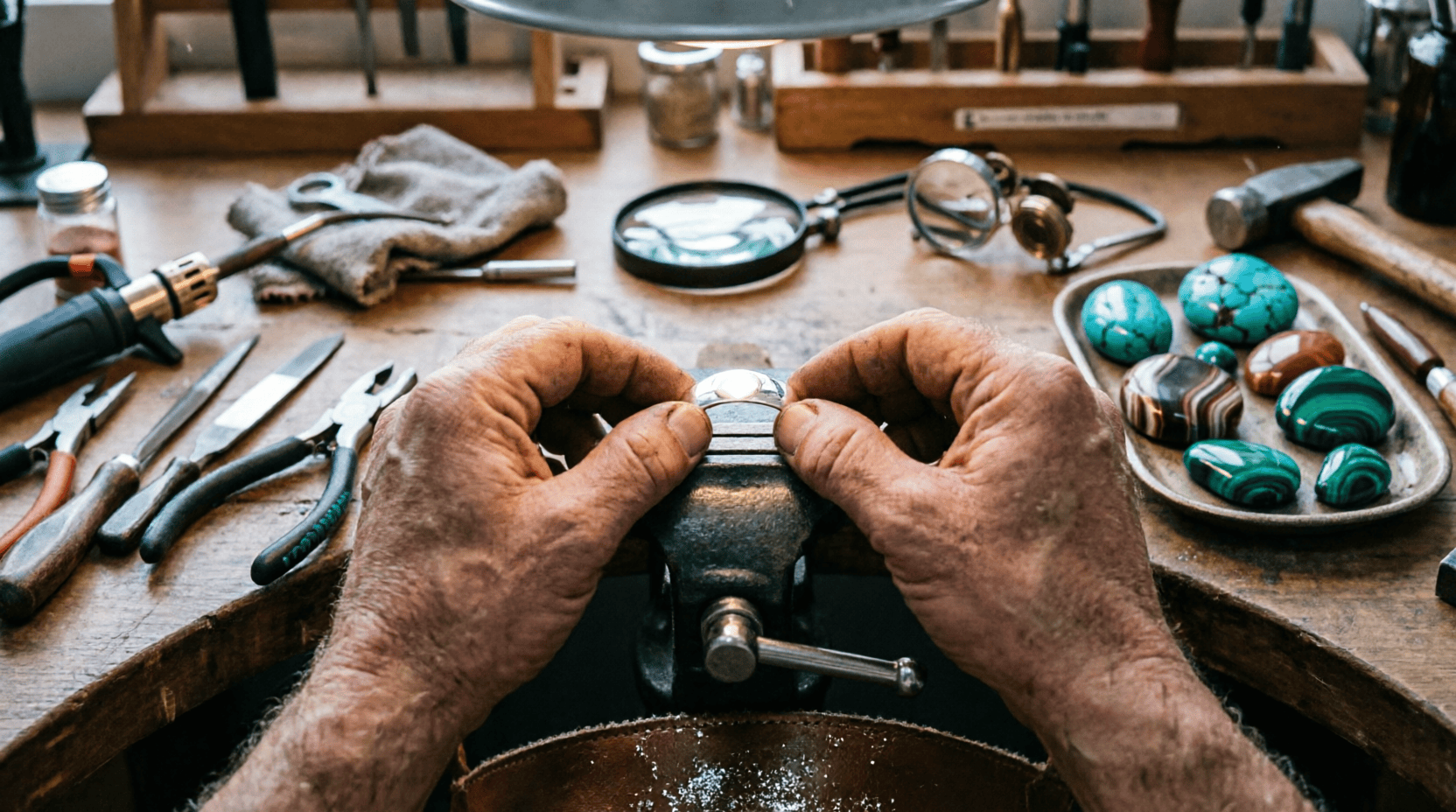 "Proceso de creación de joyería artesanal en plata - Fernando Oso" "Manos de joyero artesano trabajando plata con piedras naturales en banco de trabajo - joyería hecha a mano Oso"