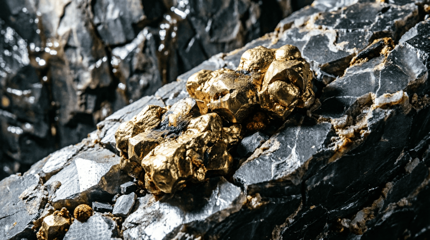 Pepitas de oro en bruto incrustadas en una veta de cuarzo oscuro en una mina, origen del oro en la naturaleza.